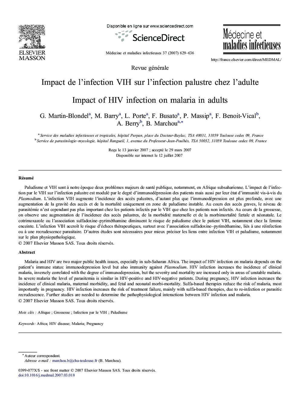 Impact de l'infection VIH sur l'infection palustre chez l'adulte