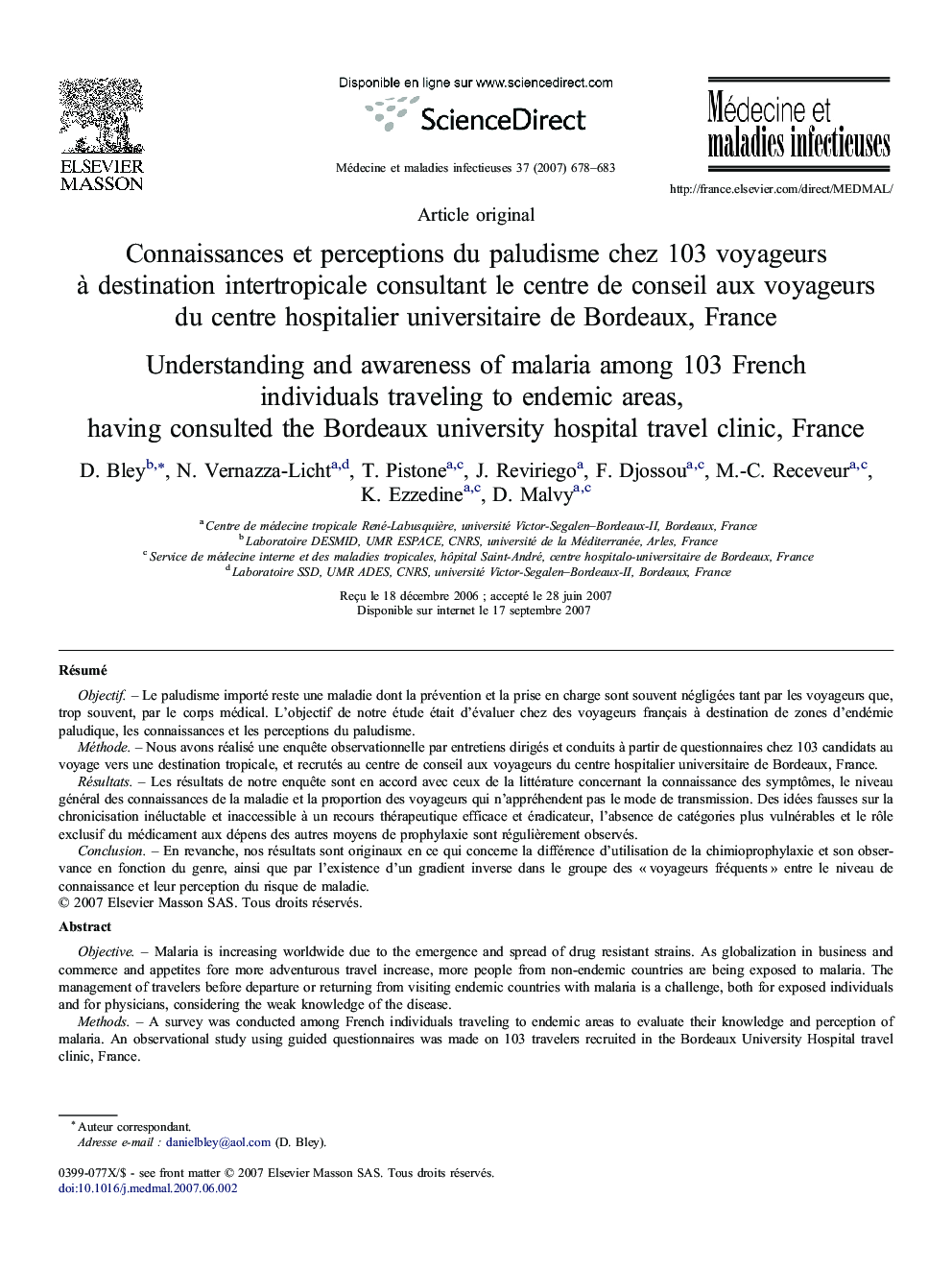 Connaissances et perceptions du paludisme chez 103 voyageurs à destination intertropicale consultant le centre de conseil aux voyageurs du centre hospitalier universitaire de Bordeaux, France