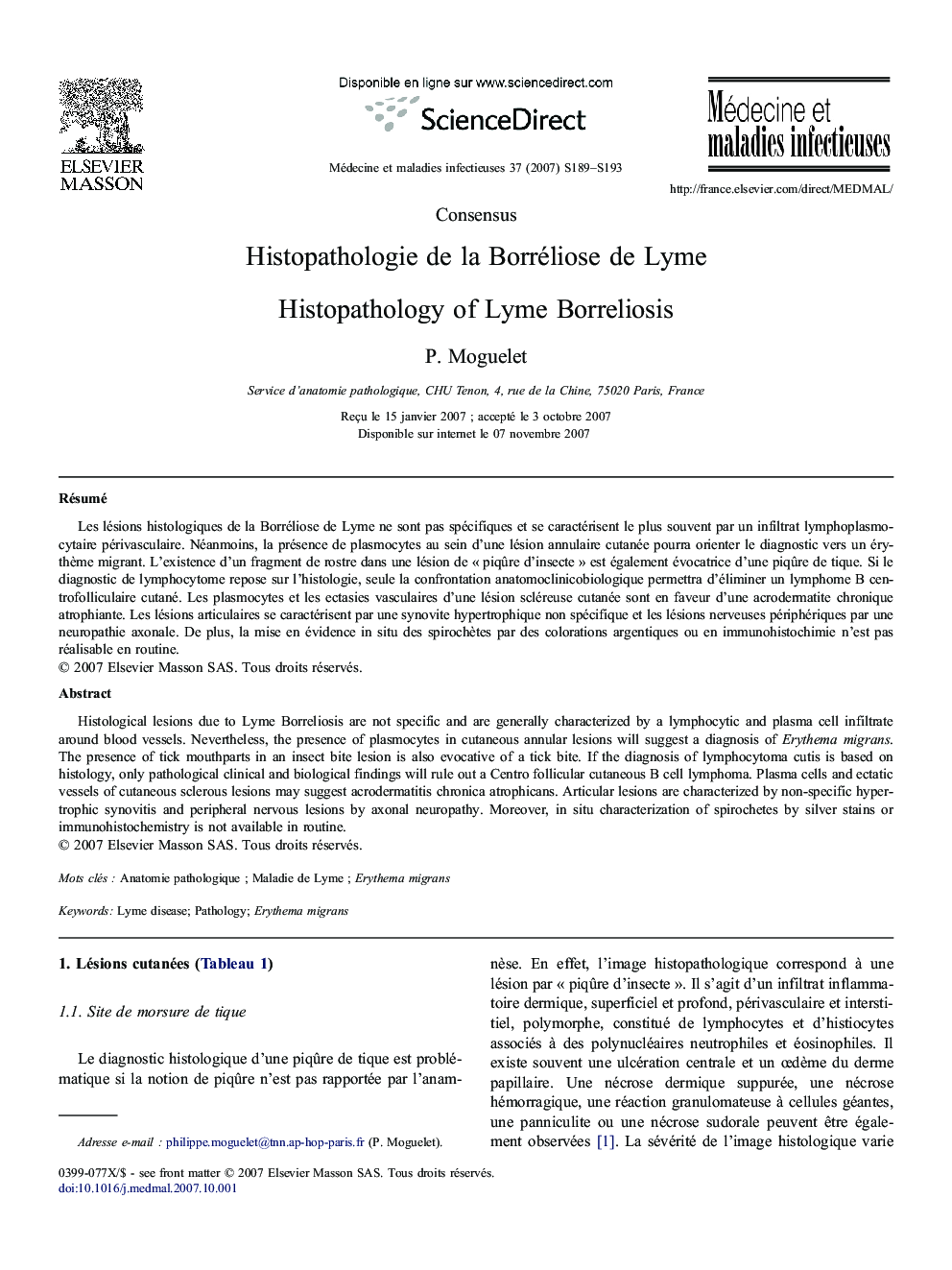 Histopathologie de la Borréliose de Lyme