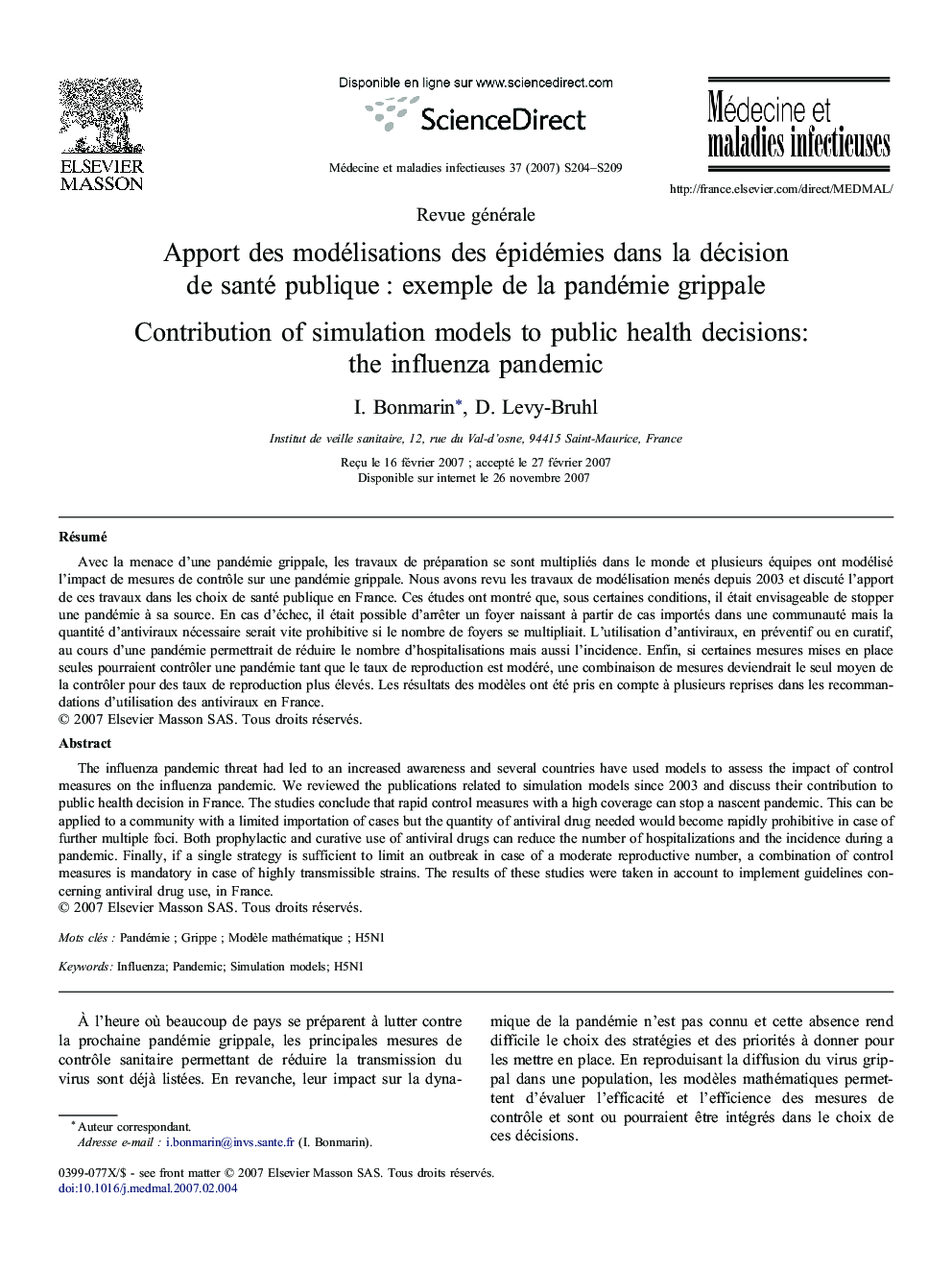 Apport des modélisations des épidémies dans la décision de santé publique : exemple de la pandémie grippale