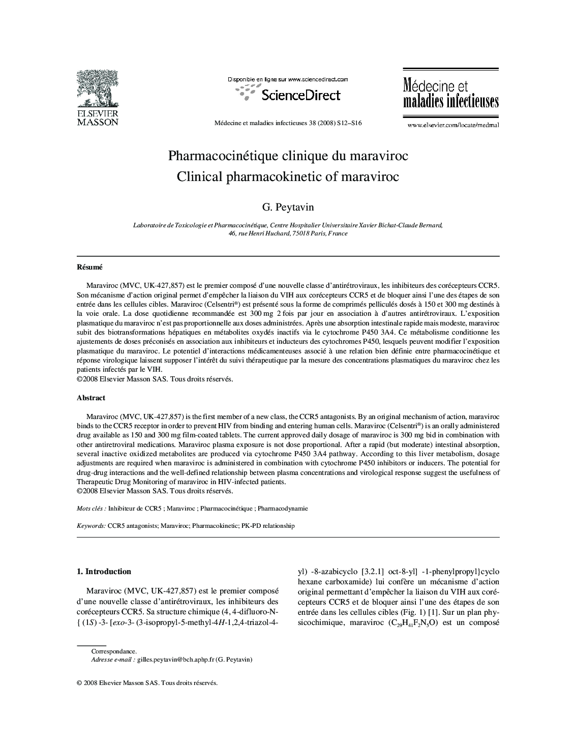 Pharmacocinétique clinique du maraviroc Clinical pharmacokinetic of maraviroc