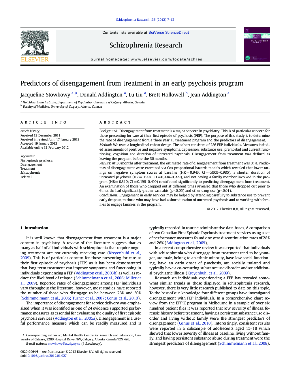 Predictors of disengagement from treatment in an early psychosis program