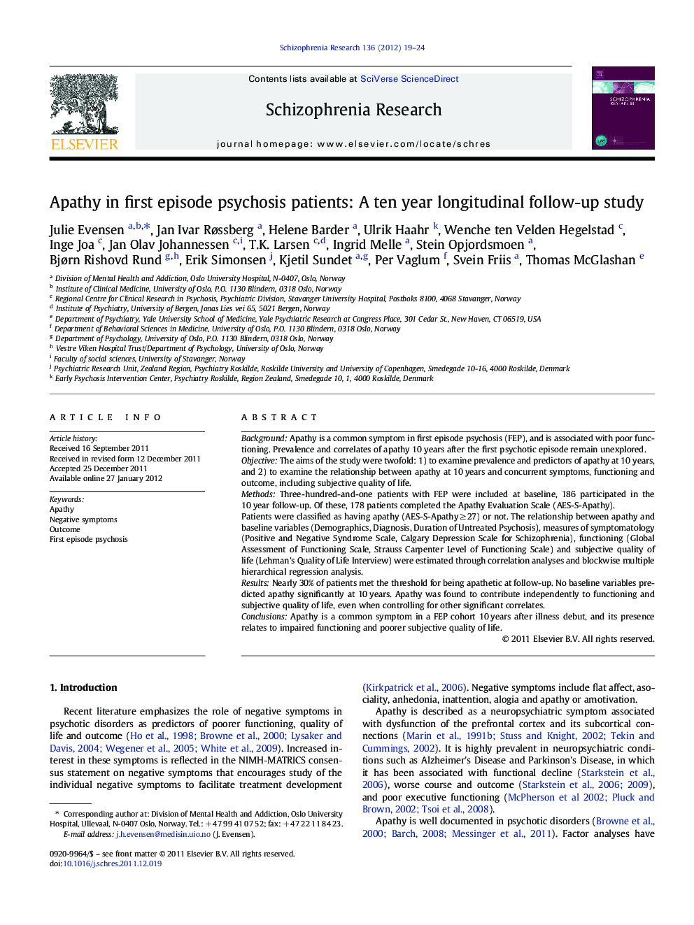 Apathy in first episode psychosis patients: A ten year longitudinal follow-up study