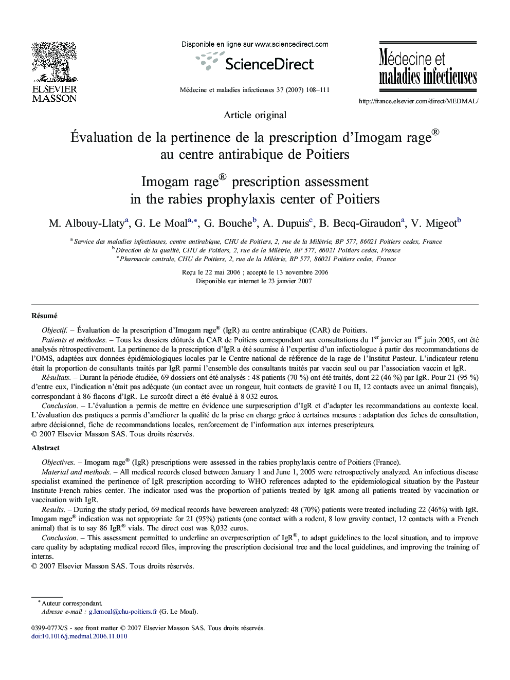 Évaluation de la pertinence de la prescription d'Imogam rage® au centre antirabique de Poitiers