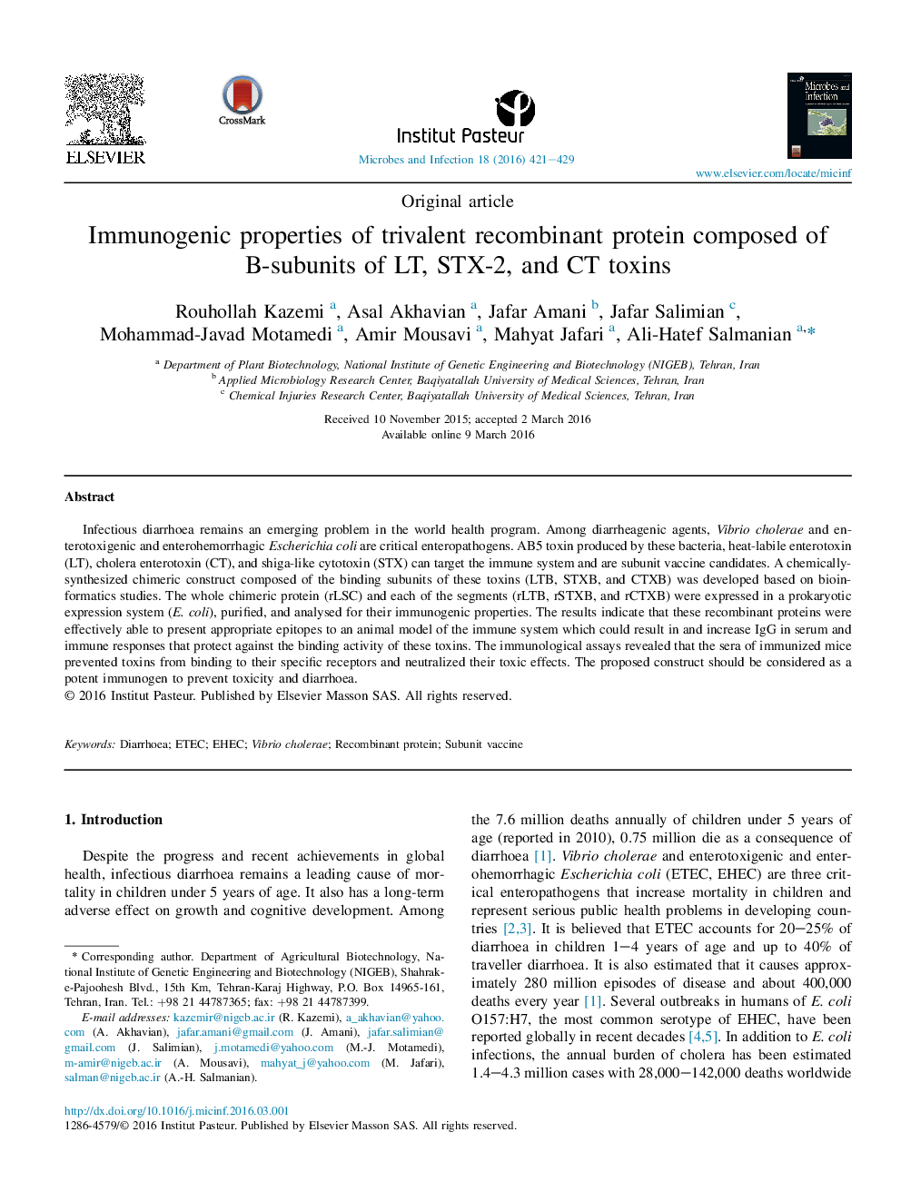 Immunogenic properties of trivalent recombinant protein composed of B-subunits of LT, STX-2, and CT toxins