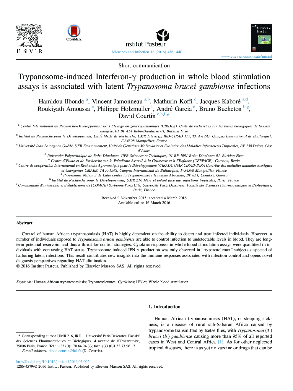 Trypanosome-induced Interferon-γ production in whole blood stimulation assays is associated with latent Trypanosoma brucei gambiense infections