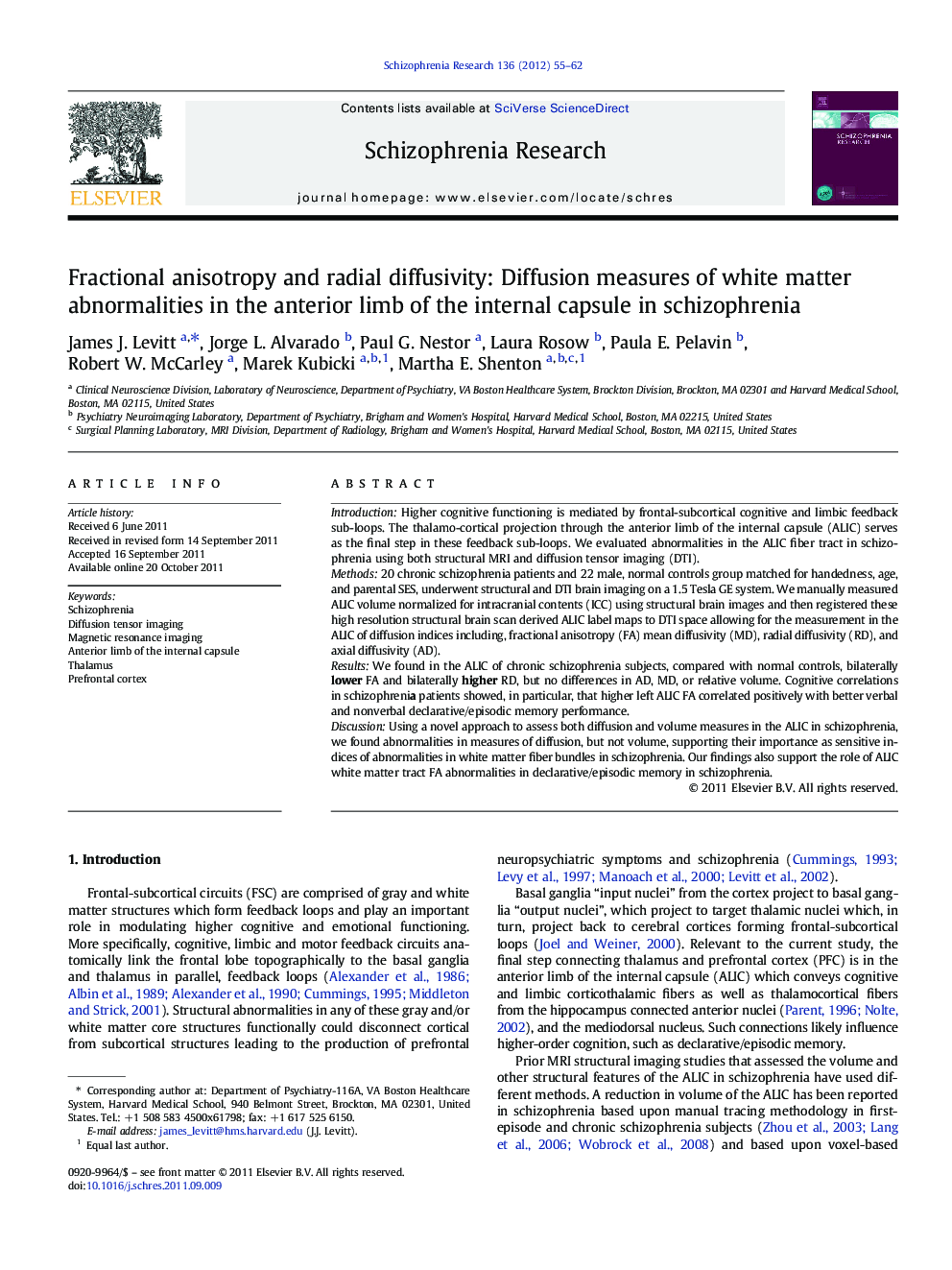 Fractional anisotropy and radial diffusivity: Diffusion measures of white matter abnormalities in the anterior limb of the internal capsule in schizophrenia