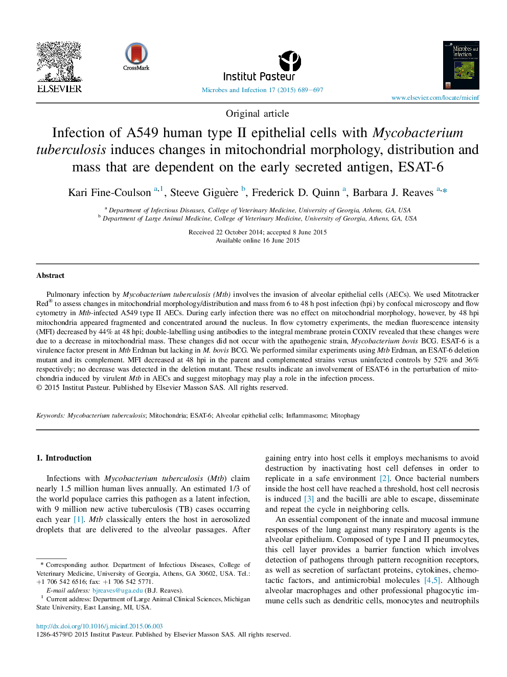 Infection of A549 human type II epithelial cells with Mycobacterium tuberculosis induces changes in mitochondrial morphology, distribution and mass that are dependent on the early secreted antigen, ESAT-6