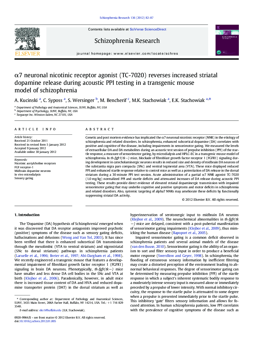 عکس صفحه اول مقاله: α7 neuronal nicotinic receptor agonist (TC-7020) reverses increased striatal dopamine release during acoustic PPI testing in a transgenic mouse model of schizophrenia α7 neuronal nicotinic receptor agonist (TC-7020) reverses increased striatal dopamine release during acoustic PPI testing in a transgenic mouse model of schizophrenia