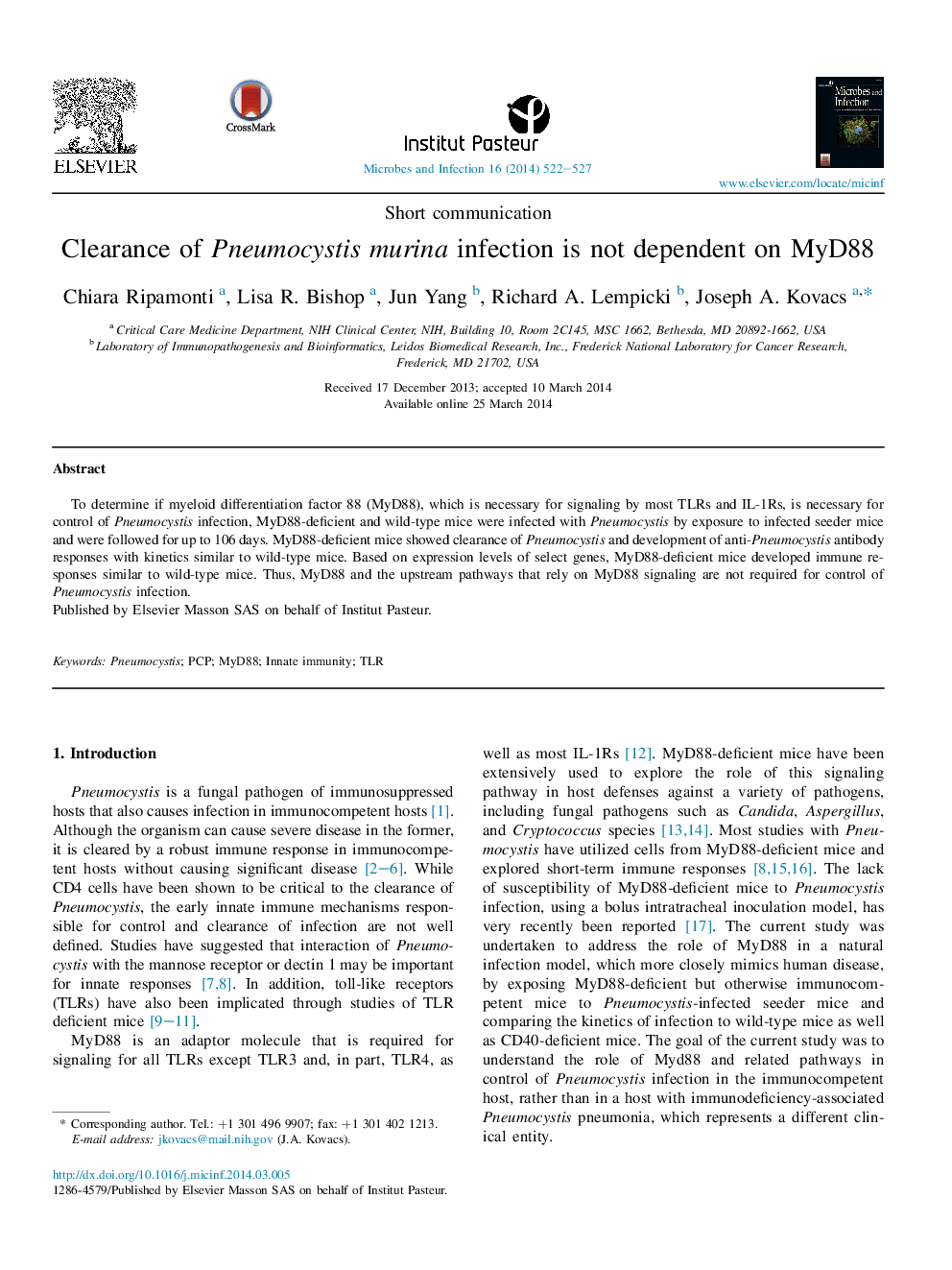 Clearance of Pneumocystis murina infection is not dependent on MyD88