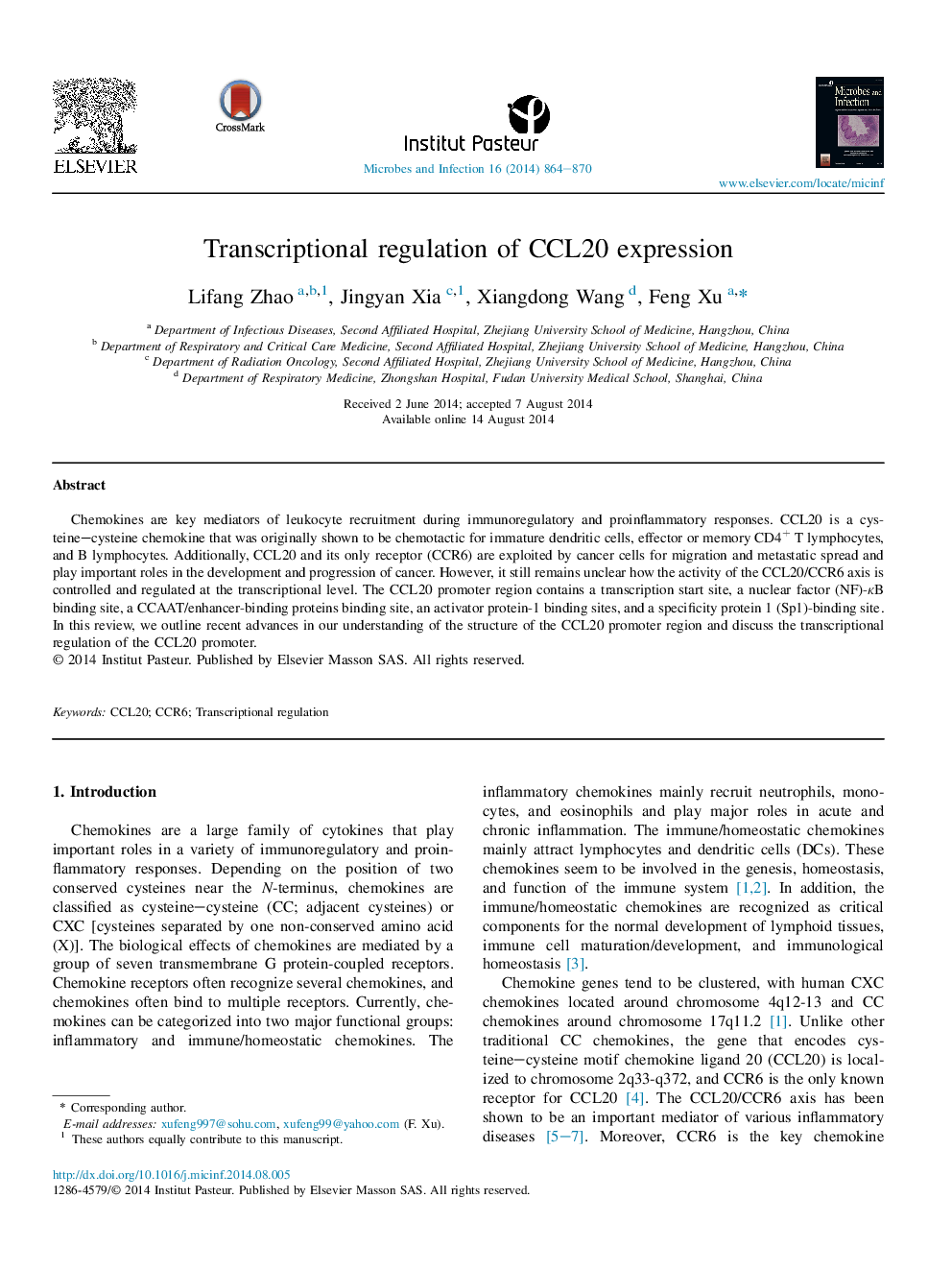 Transcriptional regulation of CCL20 expression