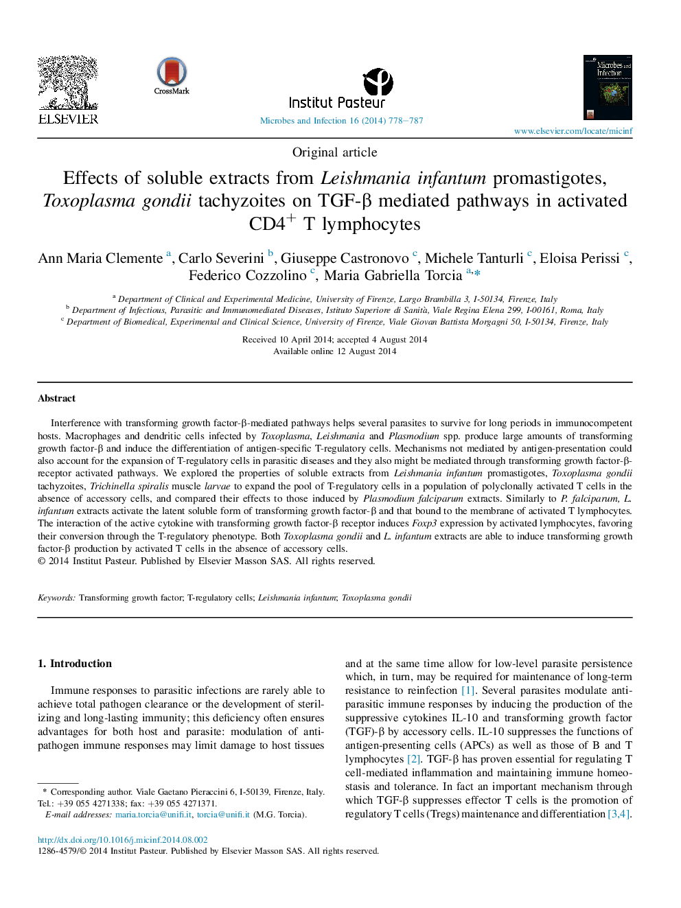 Effects of soluble extracts from Leishmania infantum promastigotes, Toxoplasma gondii tachyzoites on TGF-β mediated pathways in activated CD4+ T lymphocytes