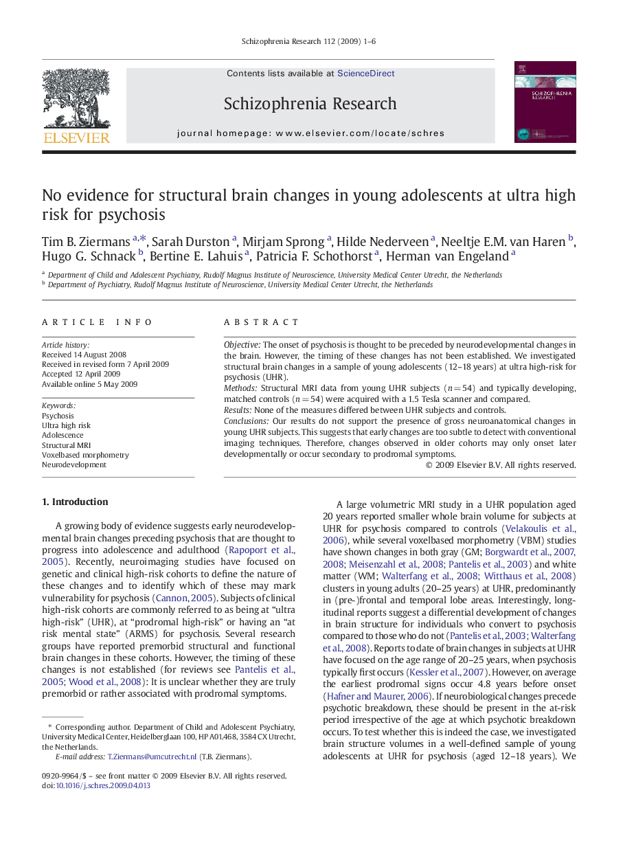 No evidence for structural brain changes in young adolescents at ultra high risk for psychosis