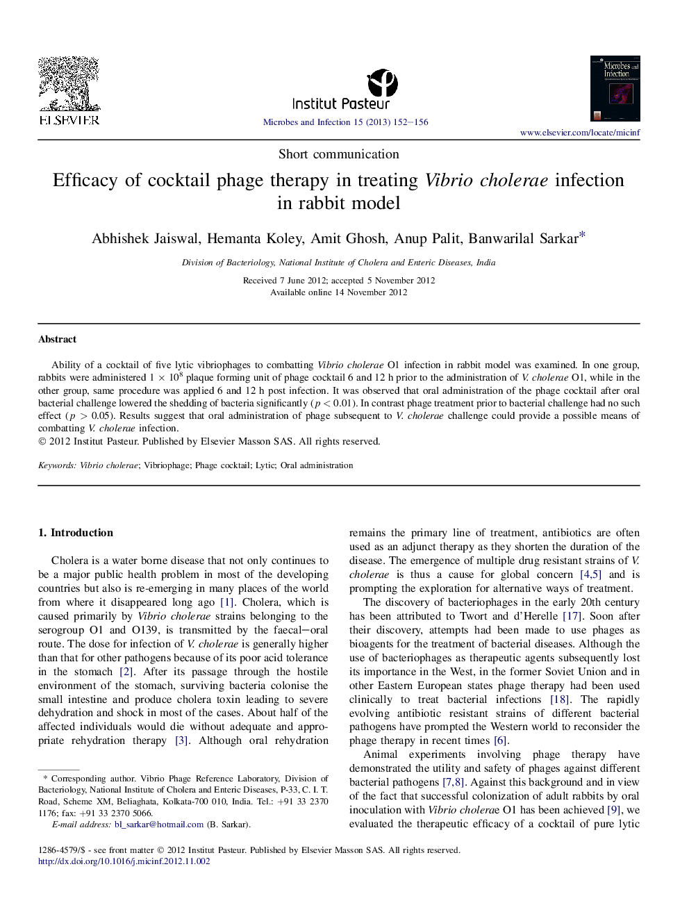 Efficacy of cocktail phage therapy in treating Vibrio cholerae infection in rabbit model