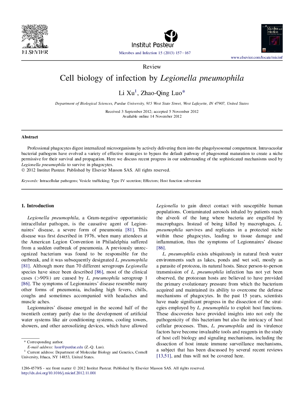 Cell biology of infection by Legionella pneumophila