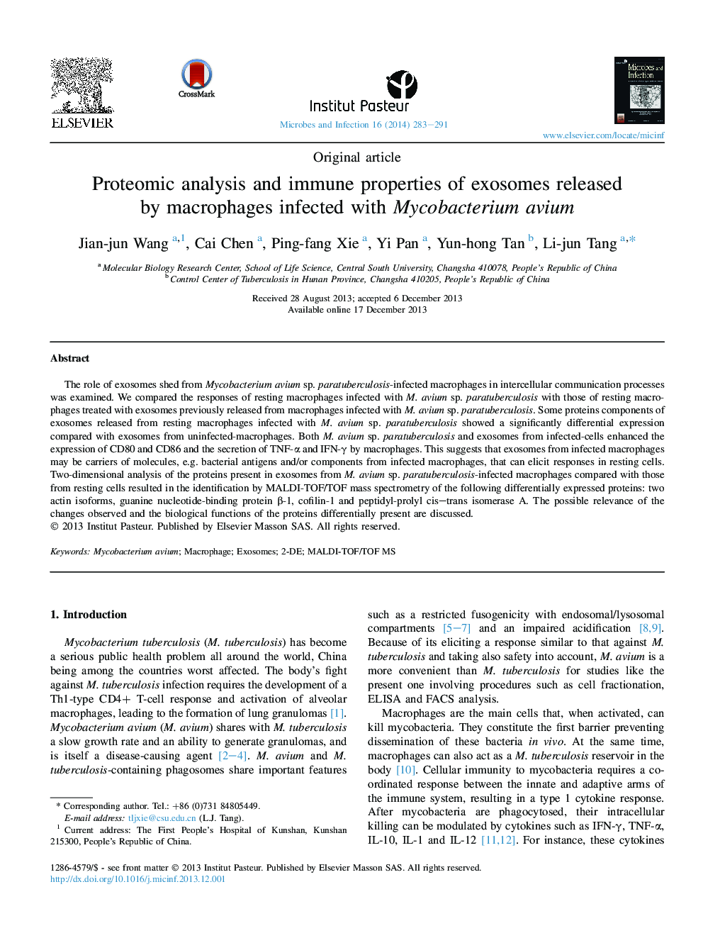 Proteomic analysis and immune properties of exosomes released by macrophages infected with Mycobacterium avium