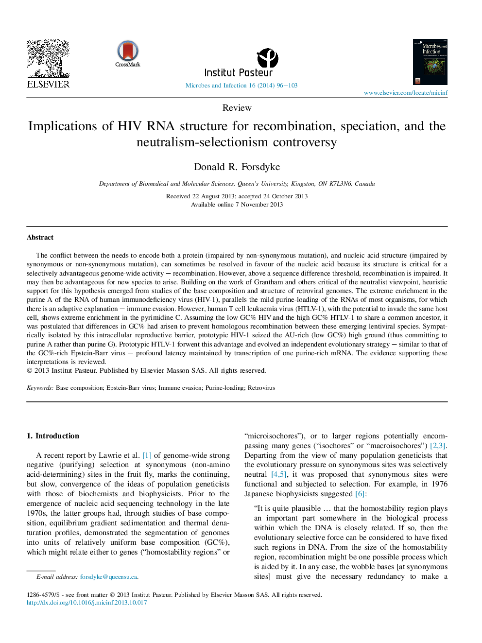 Implications of HIV RNA structure for recombination, speciation, and the neutralism-selectionism controversy