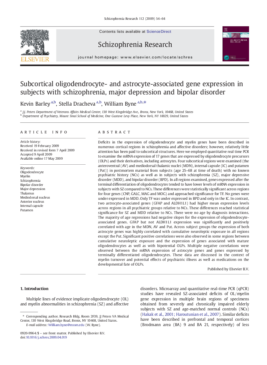 Subcortical oligodendrocyte- and astrocyte-associated gene expression in subjects with schizophrenia, major depression and bipolar disorder