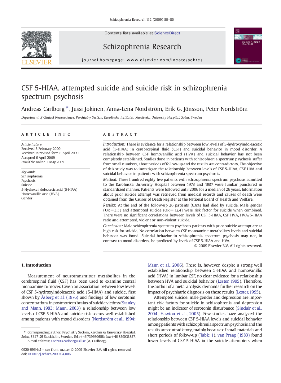 CSF 5-HIAA, attempted suicide and suicide risk in schizophrenia spectrum psychosis