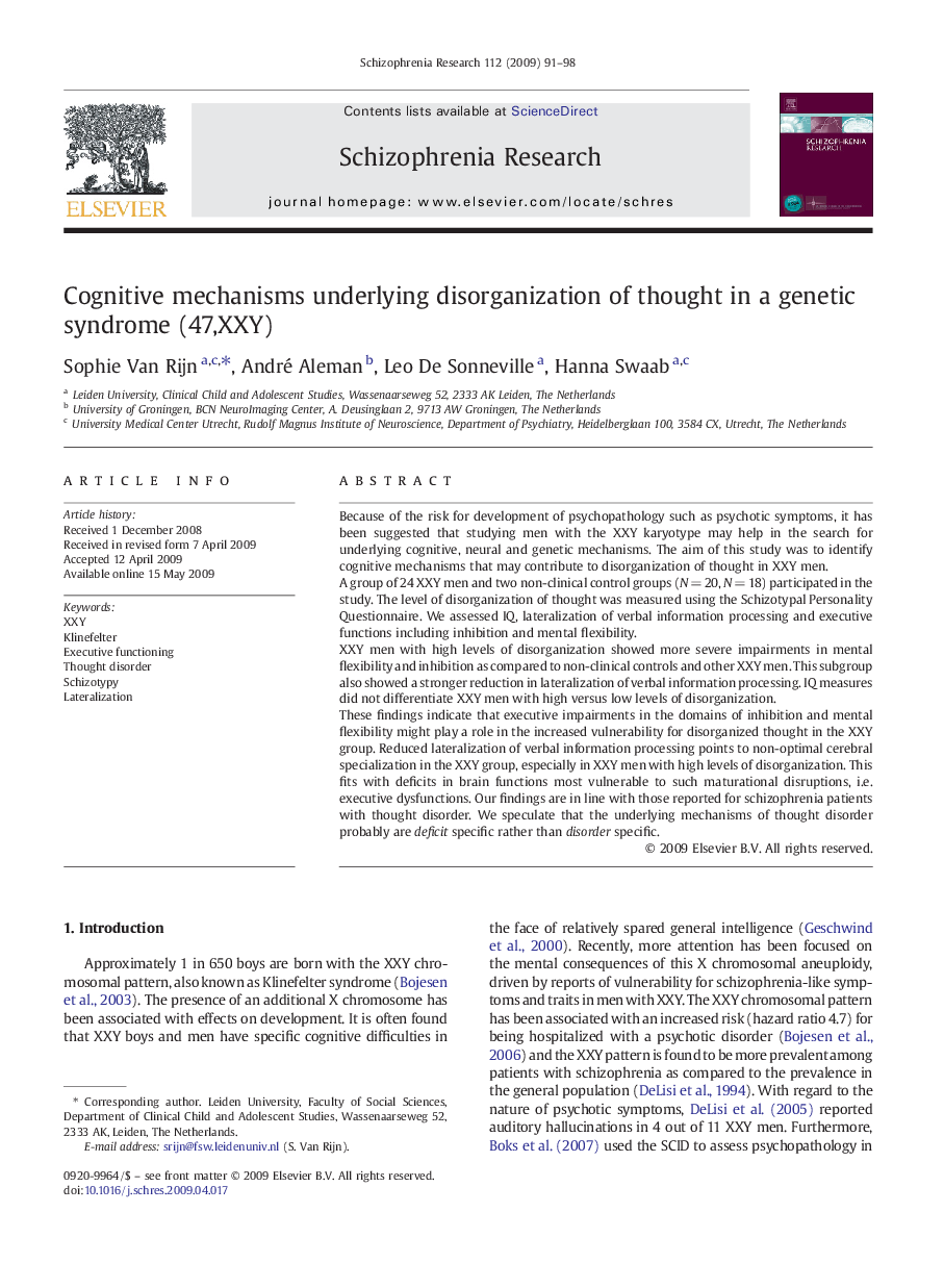 Cognitive mechanisms underlying disorganization of thought in a genetic syndrome (47,XXY)