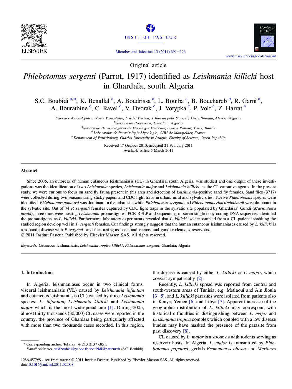 Phlebotomus sergenti (Parrot, 1917) identified as Leishmania killicki host in Ghardaïa, south Algeria