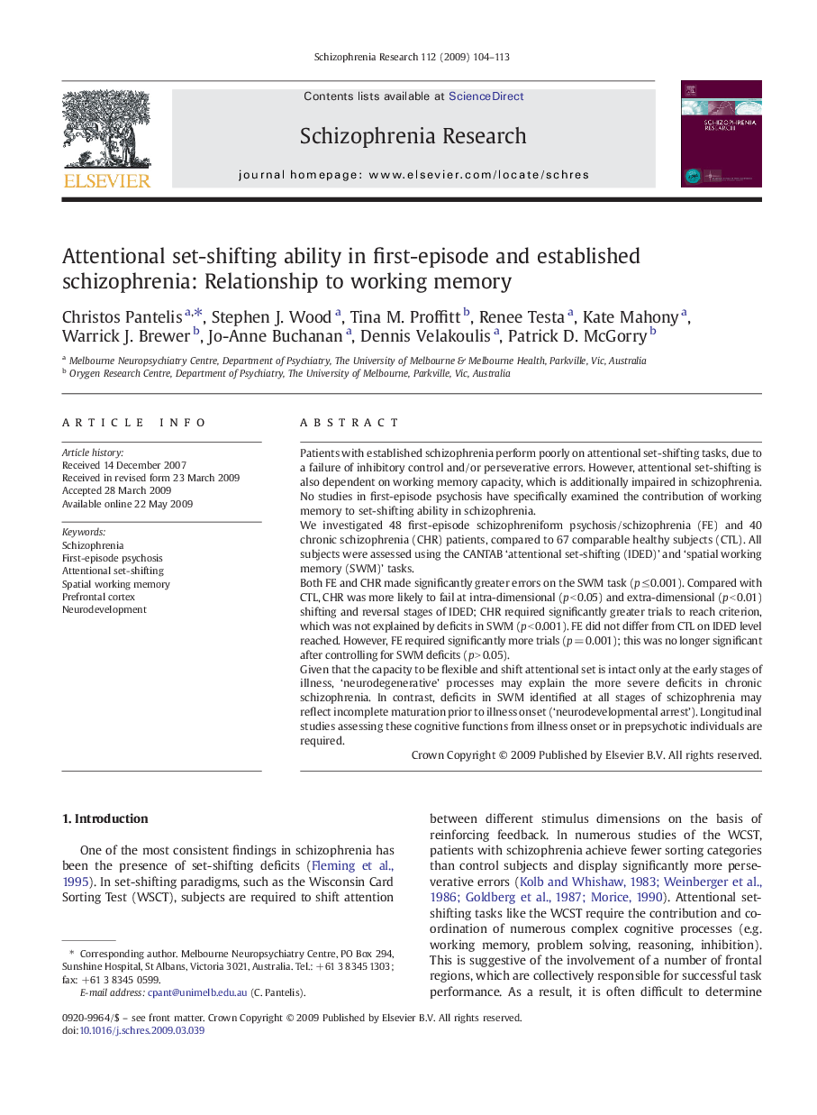 Attentional set-shifting ability in first-episode and established schizophrenia: Relationship to working memory