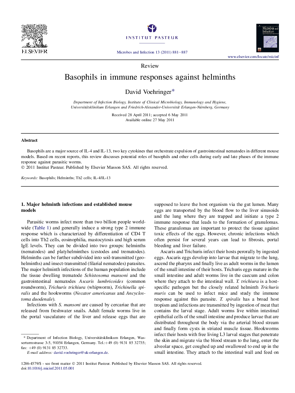 Basophils in immune responses against helminths