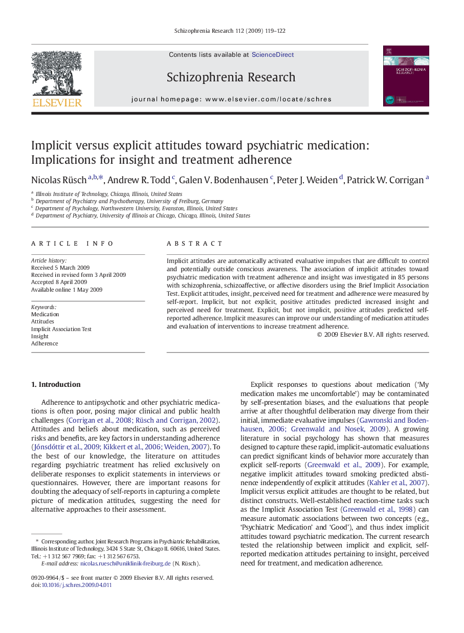 Implicit versus explicit attitudes toward psychiatric medication: Implications for insight and treatment adherence