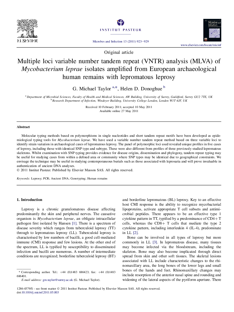 Multiple loci variable number tandem repeat (VNTR) analysis (MLVA) of Mycobacterium leprae isolates amplified from European archaeological human remains with lepromatous leprosy