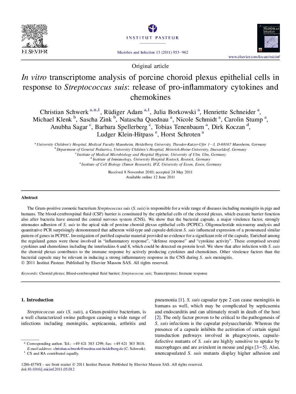 In vitro transcriptome analysis of porcine choroid plexus epithelial cells in response to Streptococcus suis: release of pro-inflammatory cytokines and chemokines