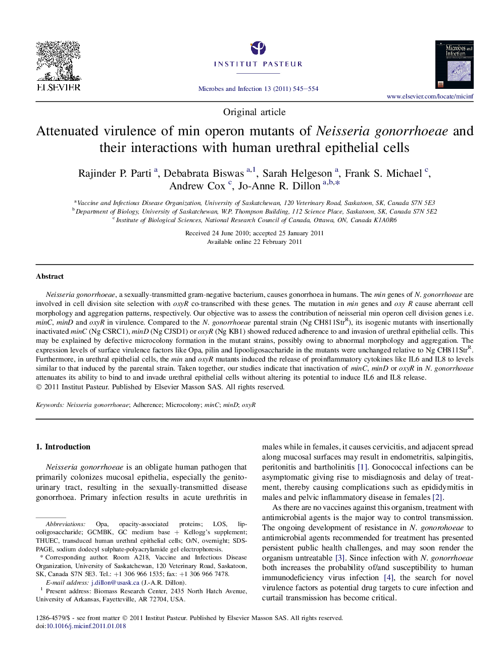 Attenuated virulence of min operon mutants of Neisseria gonorrhoeae and their interactions with human urethral epithelial cells