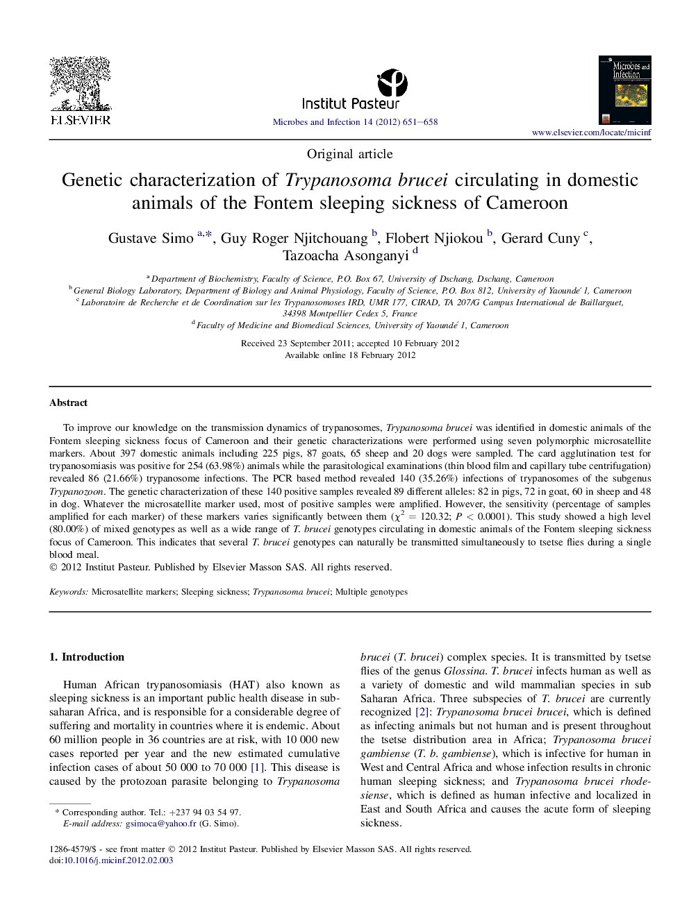 Genetic characterization of Trypanosoma brucei circulating in domestic animals of the Fontem sleeping sickness of Cameroon