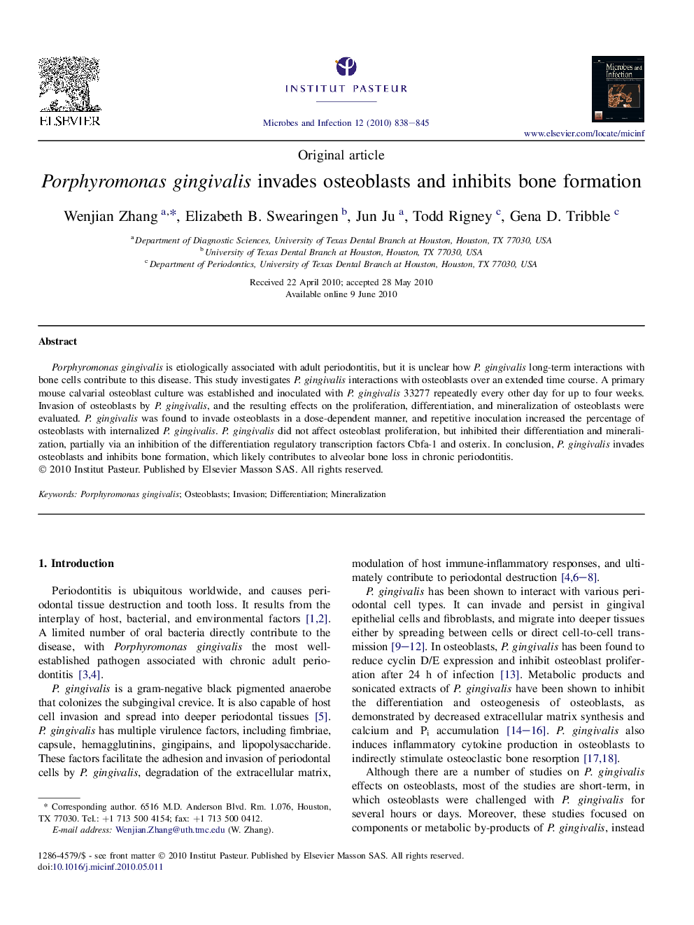 Porphyromonas gingivalis invades osteoblasts and inhibits bone formation