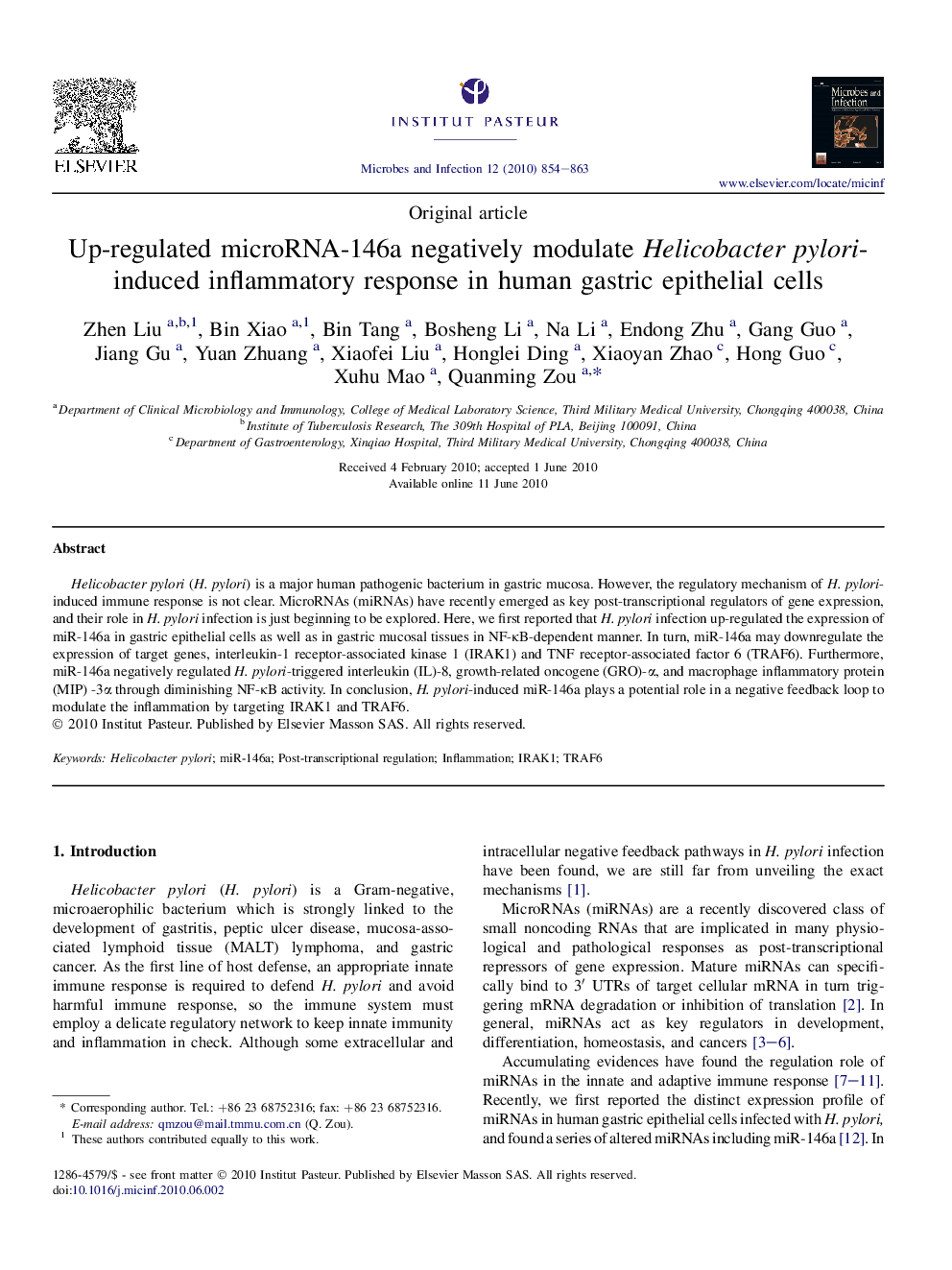 Up-regulated microRNA-146a negatively modulate Helicobacter pylori-induced inflammatory response in human gastric epithelial cells