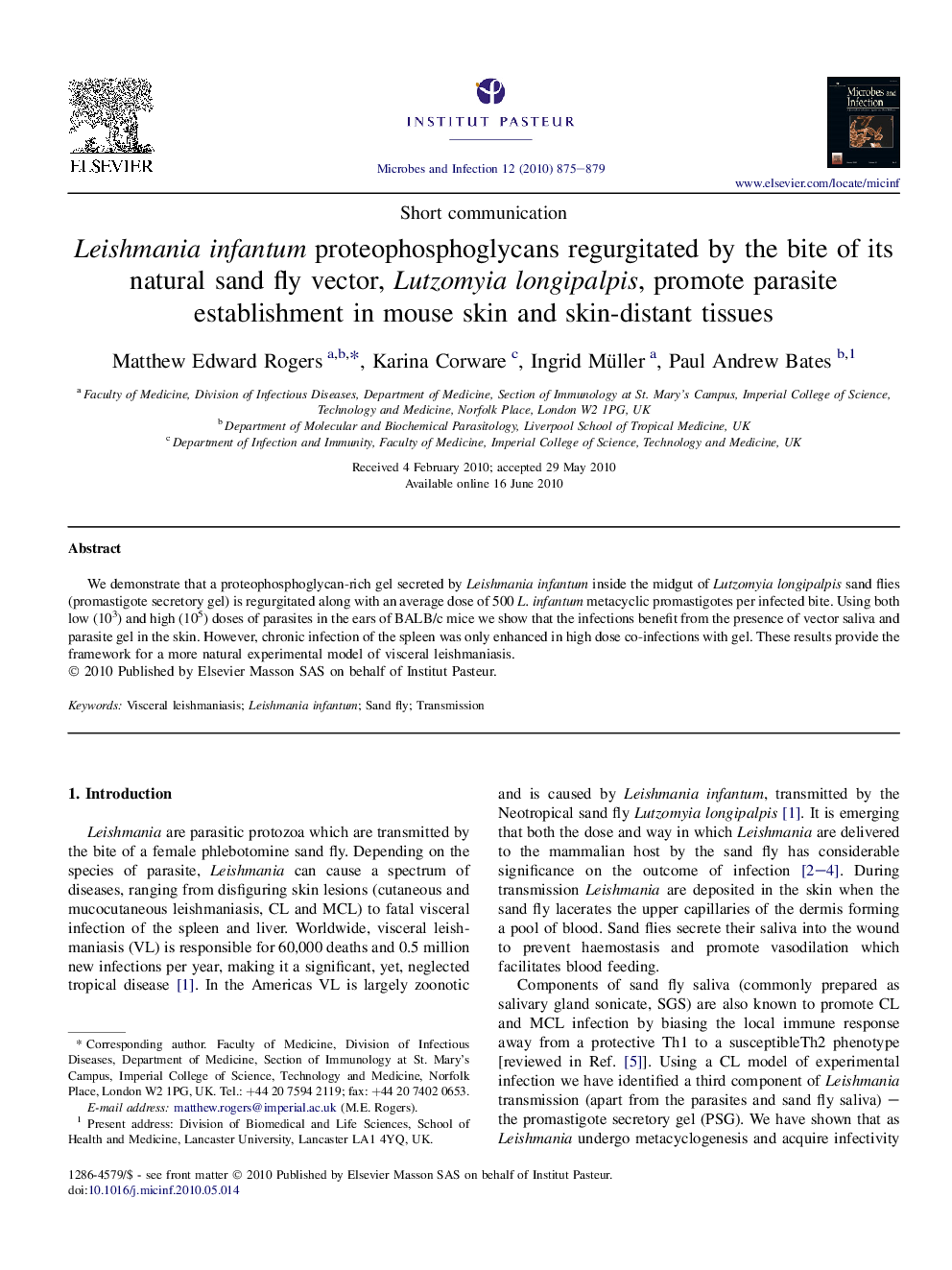 Leishmania infantum proteophosphoglycans regurgitated by the bite of its natural sand fly vector, Lutzomyia longipalpis, promote parasite establishment in mouse skin and skin-distant tissues