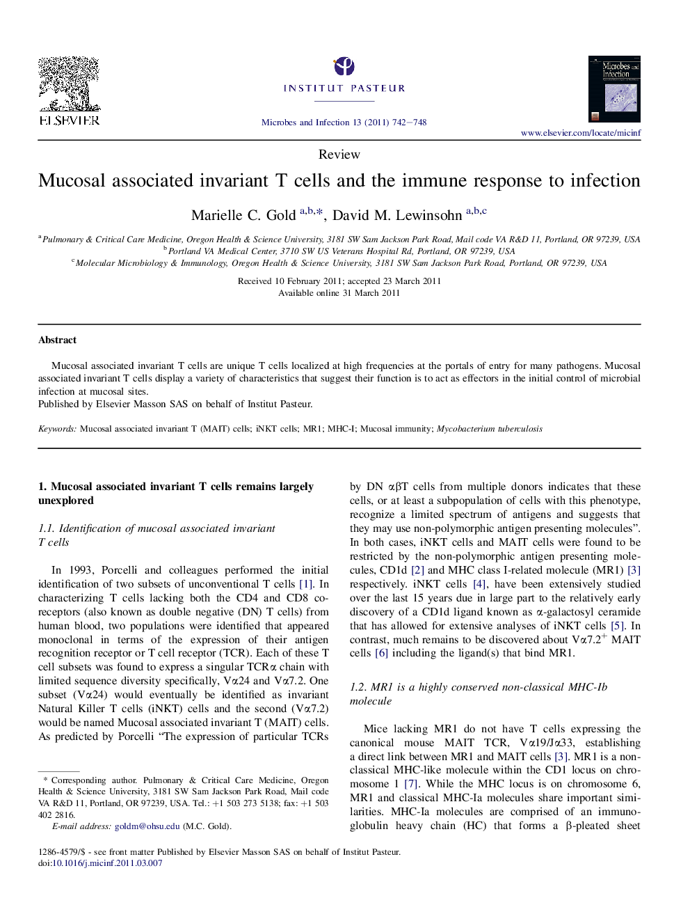 Mucosal associated invariant T cells and the immune response to infection