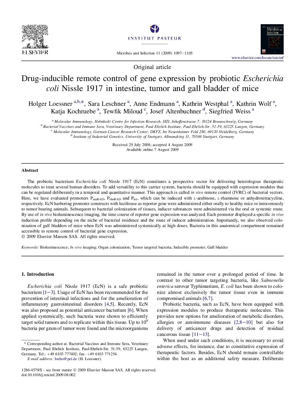 Drug-inducible remote control of gene expression by probiotic Escherichia coli Nissle 1917 in intestine, tumor and gall bladder of mice