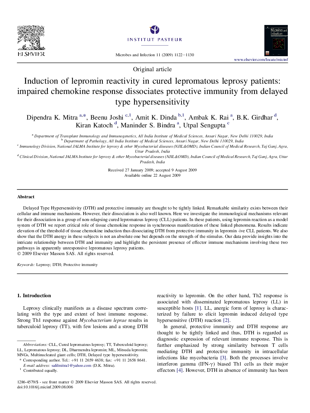 Induction of lepromin reactivity in cured lepromatous leprosy patients: impaired chemokine response dissociates protective immunity from delayed type hypersensitivity