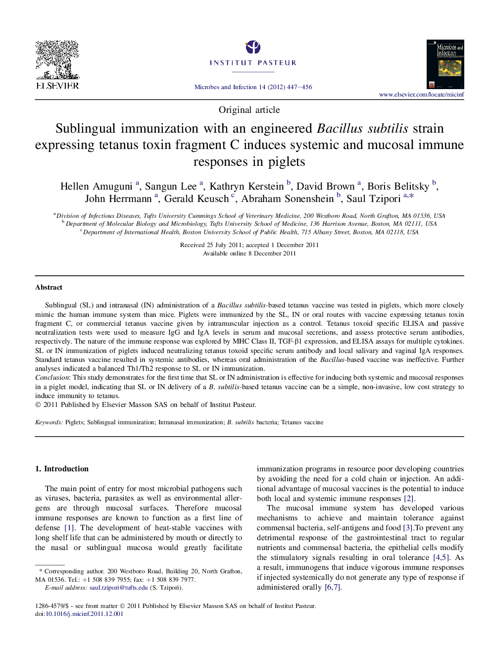 Sublingual immunization with an engineered Bacillus subtilis strain expressing tetanus toxin fragment C induces systemic and mucosal immune responses in piglets