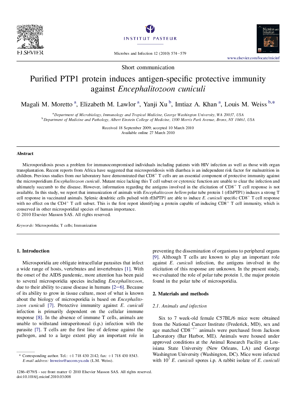 Purified PTP1 protein induces antigen-specific protective immunity against Encephalitozoon cuniculi