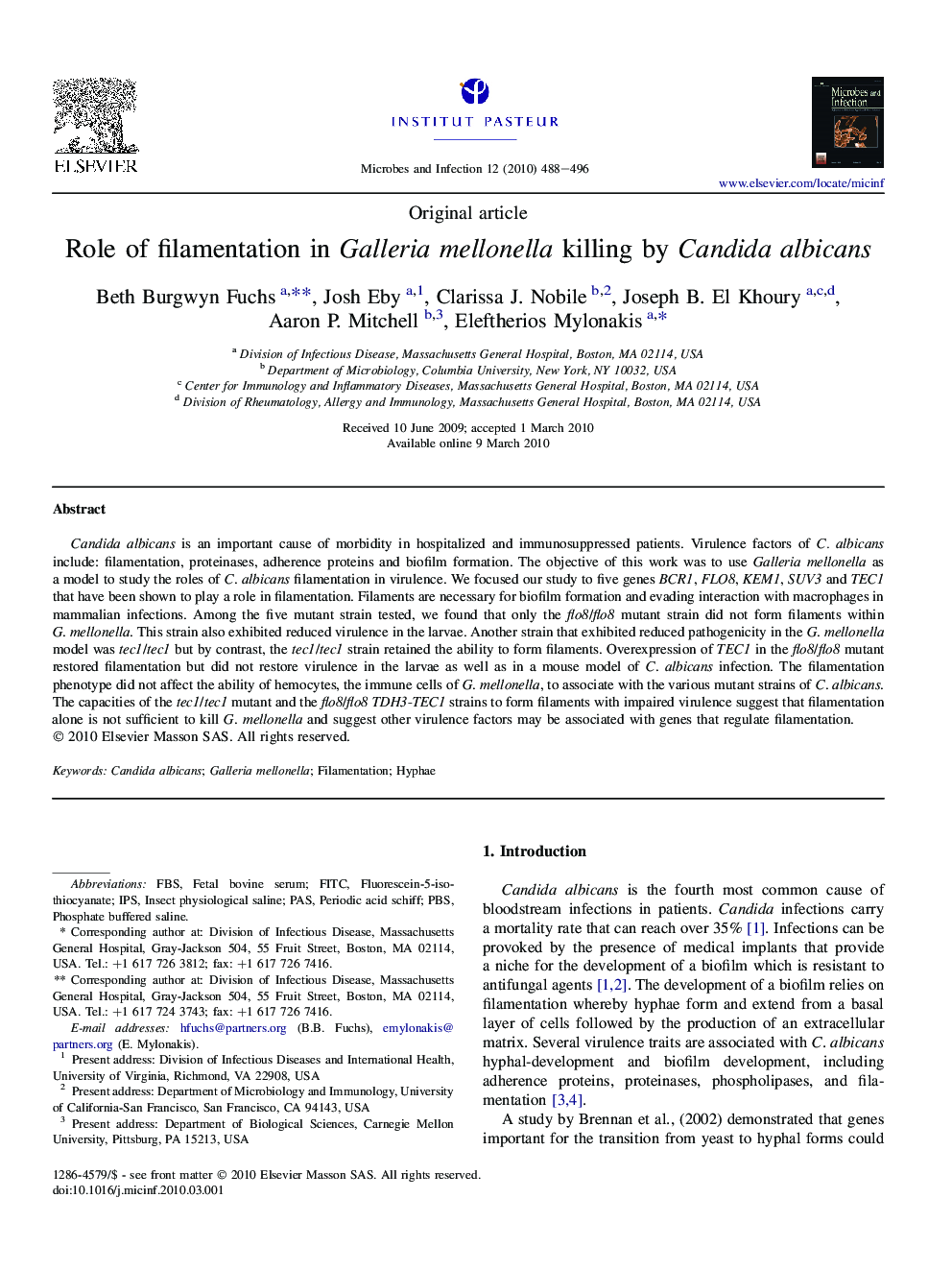 Role of filamentation in Galleria mellonella killing by Candida albicans