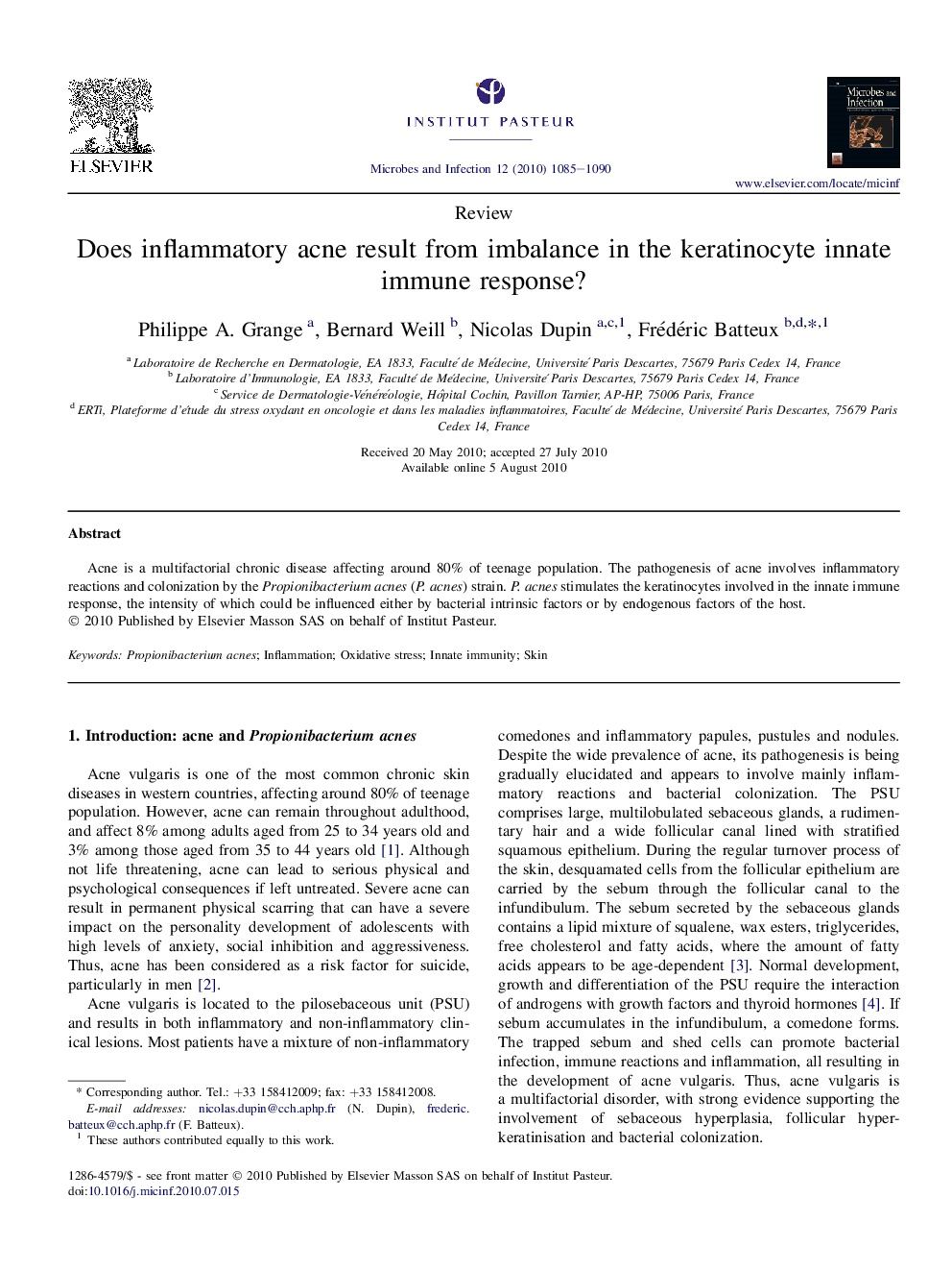 Does inflammatory acne result from imbalance in the keratinocyte innate immune response?