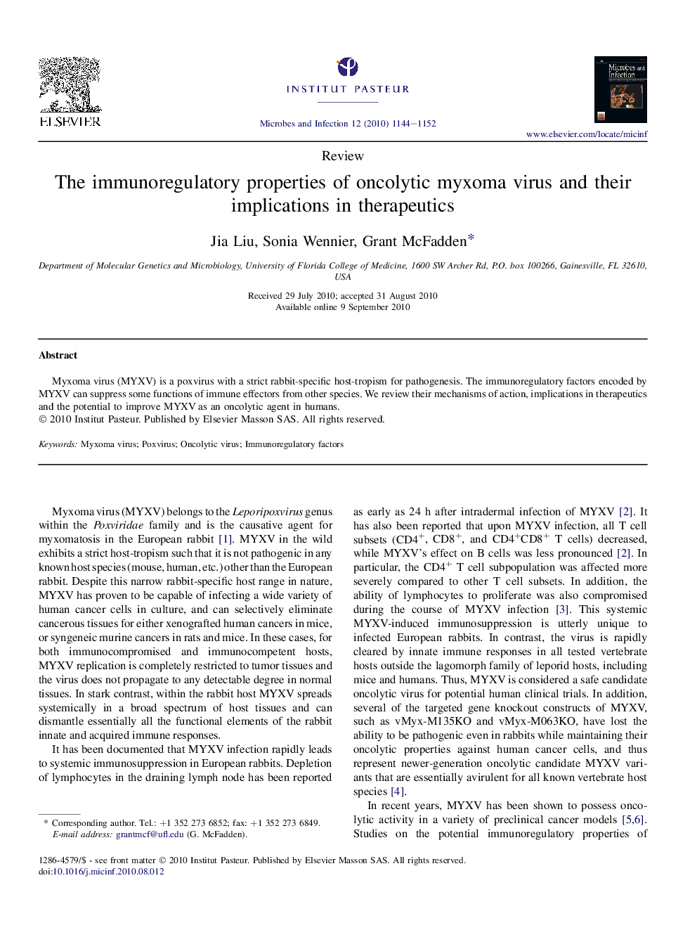 The immunoregulatory properties of oncolytic myxoma virus and their implications in therapeutics