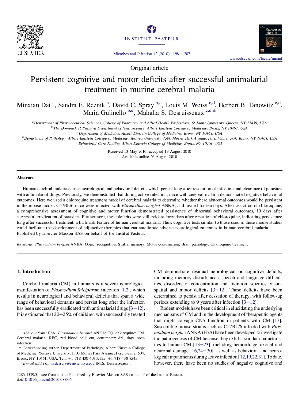 Persistent cognitive and motor deficits after successful antimalarial treatment in murine cerebral malaria