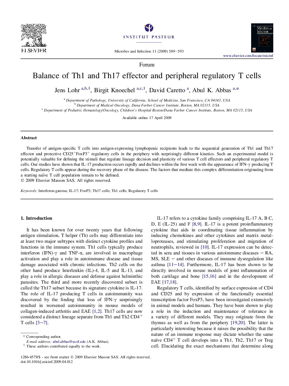 Balance of Th1 and Th17 effector and peripheral regulatory T cells