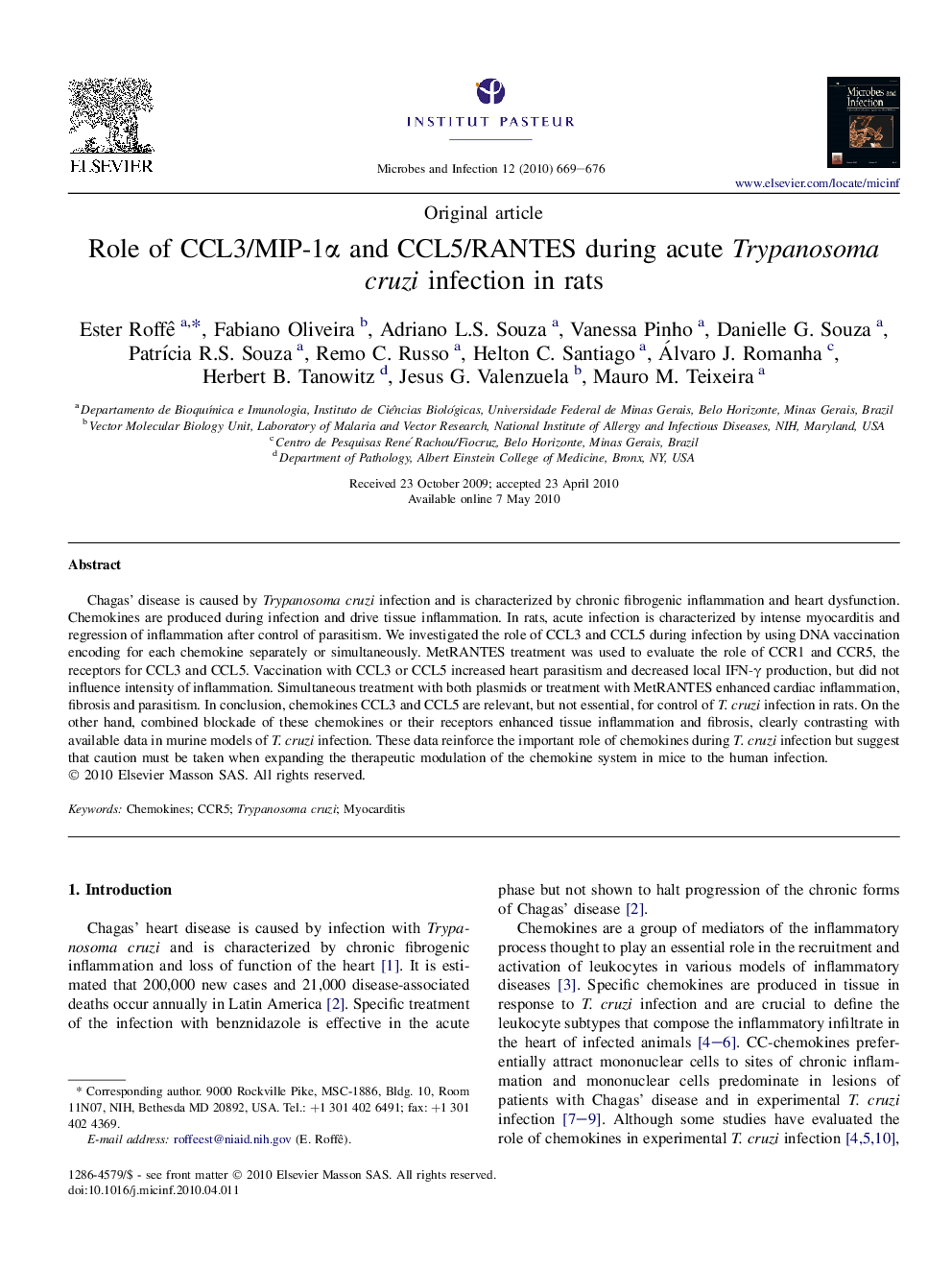 Role of CCL3/MIP-1α and CCL5/RANTES during acute Trypanosoma cruzi infection in rats