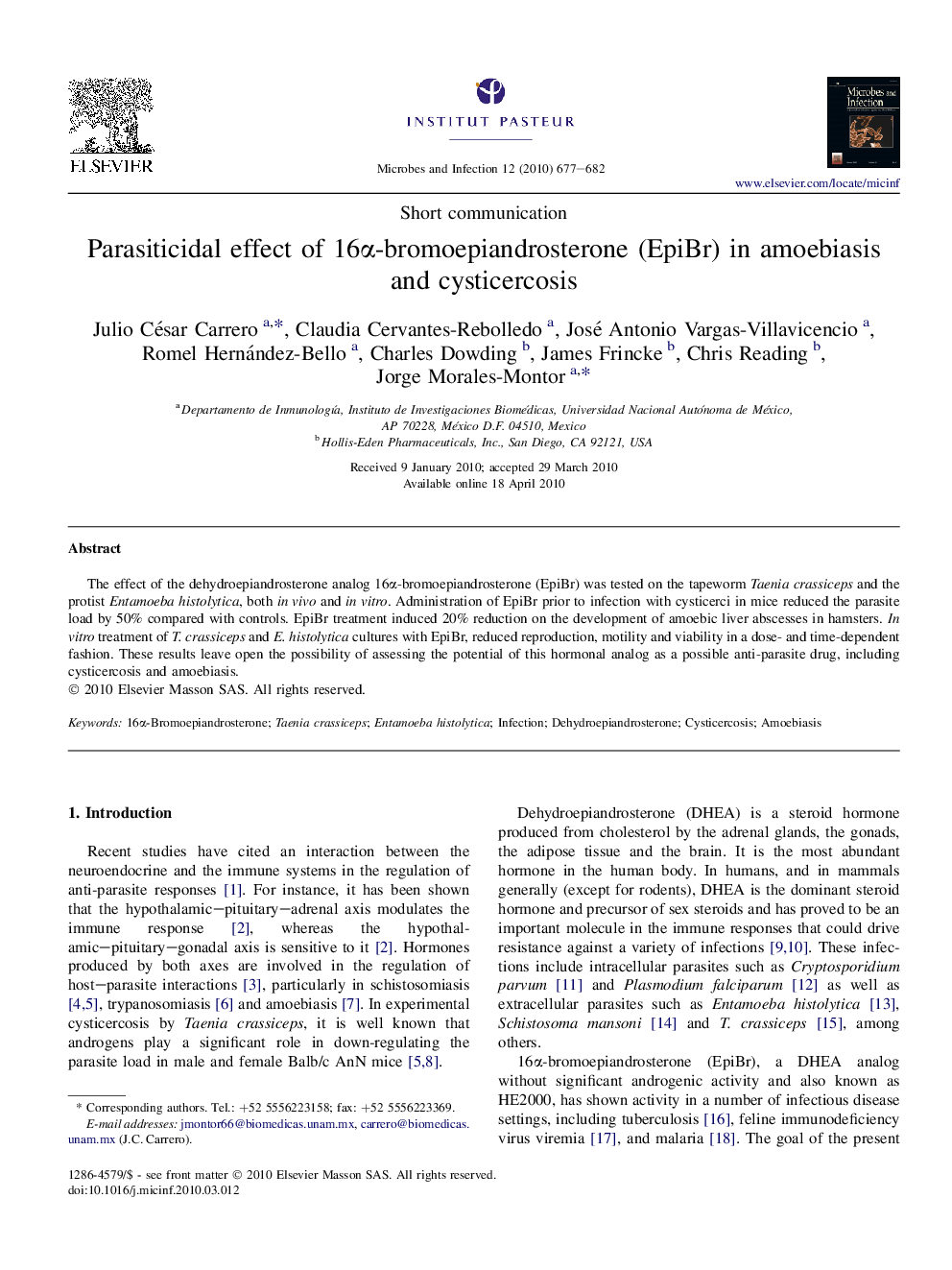 Parasiticidal effect of 16α-bromoepiandrosterone (EpiBr) in amoebiasis and cysticercosis