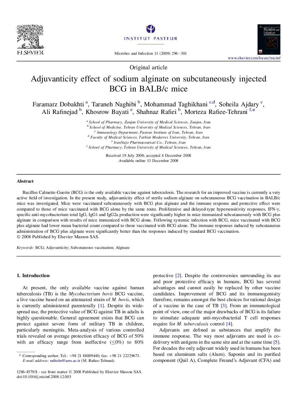 Adjuvanticity effect of sodium alginate on subcutaneously injected BCG in BALB/c mice