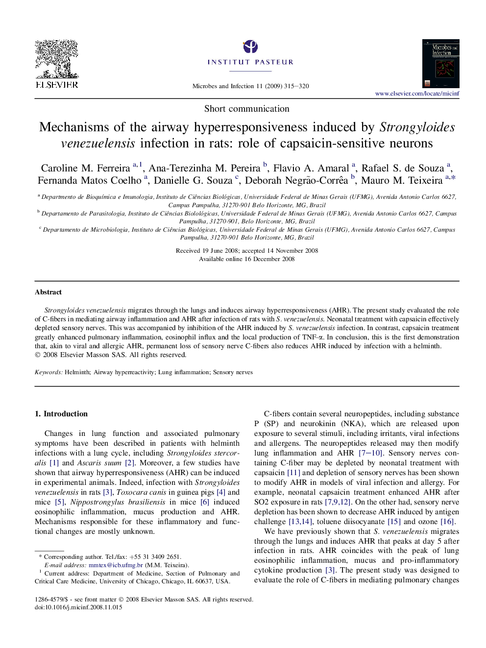 Mechanisms of the airway hyperresponsiveness induced by Strongyloides venezuelensis infection in rats: role of capsaicin-sensitive neurons