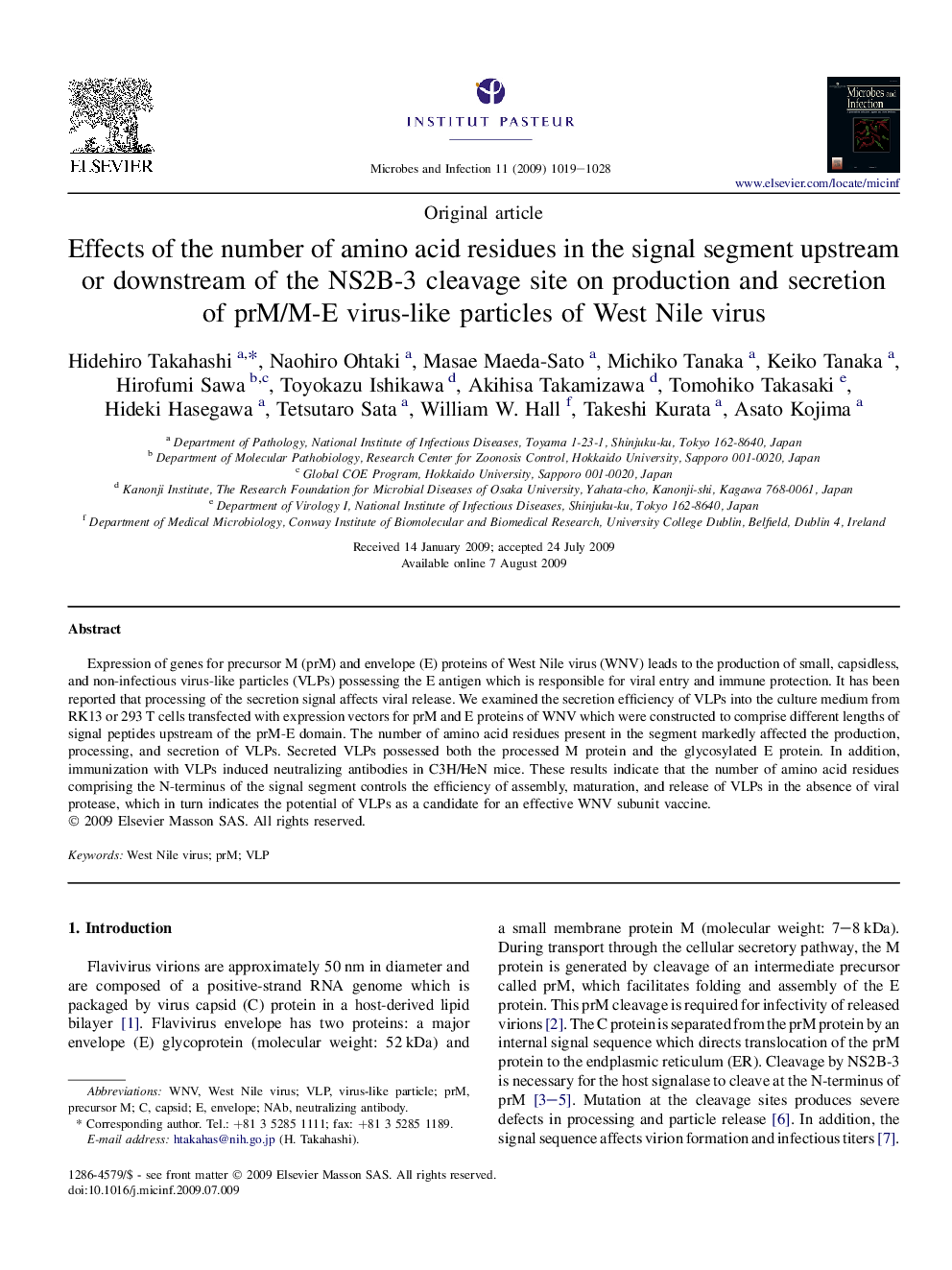 Effects of the number of amino acid residues in the signal segment upstream or downstream of the NS2B-3 cleavage site on production and secretion of prM/M-E virus-like particles of West Nile virus